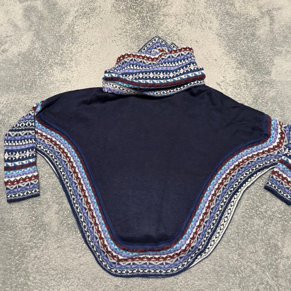 Alpaca Connection Hooded Poncho One Size Blue Alpaca Wool Blend Printed Tribal